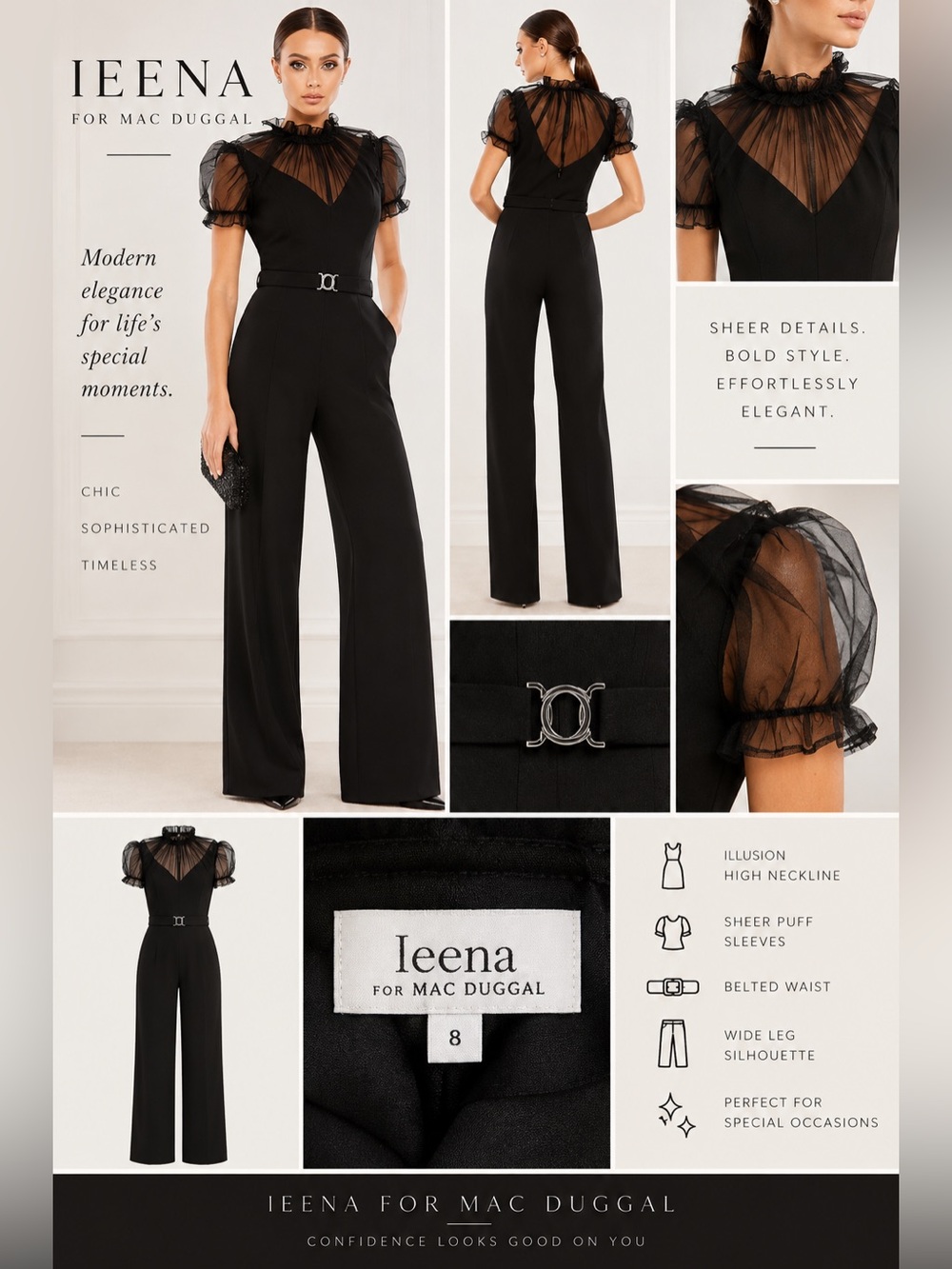 Ieena for Mac Duggal Black Illusion High Neck Belted Jumpsuit Size 8 NWOT